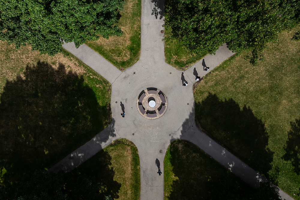 An aerial view of converging paths on campus.