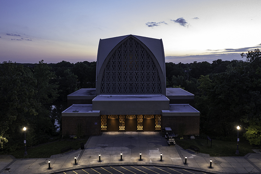 An aerial view of the Interfaith Chapel at sunset.